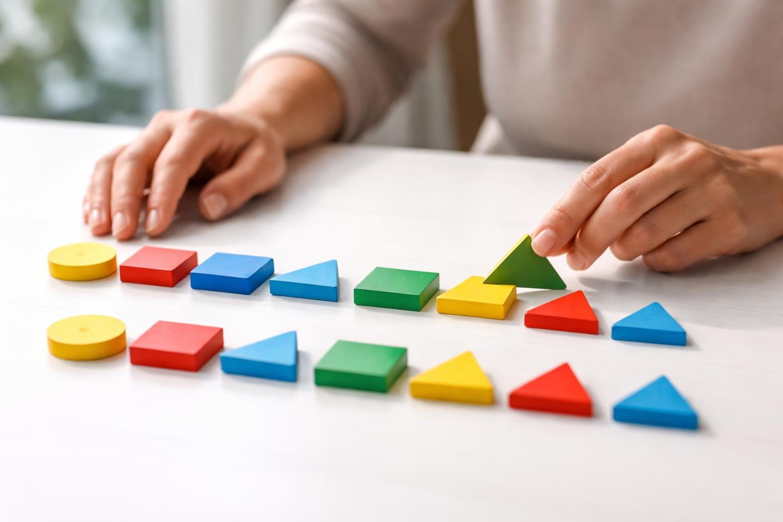 Hands arranging colorful geometric shapes in a repeating sequence on a white table.