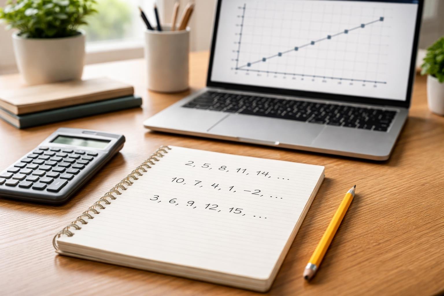 A workspace with a notebook showing arithmetic progression sequences, a calculator, pencil, and a laptop displaying a graph of evenly spaced points connected by a line.