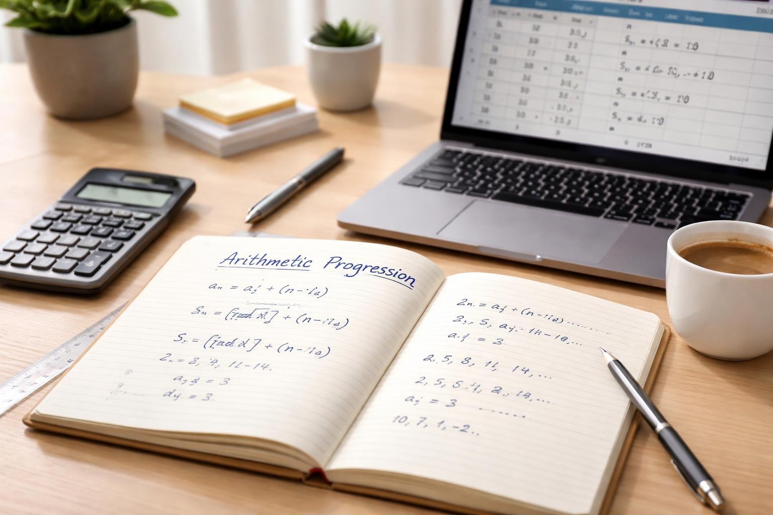 A clean desk with a notebook showing arithmetic progression formulas and examples, a laptop with number sequences, and math tools arranged neatly under natural light.