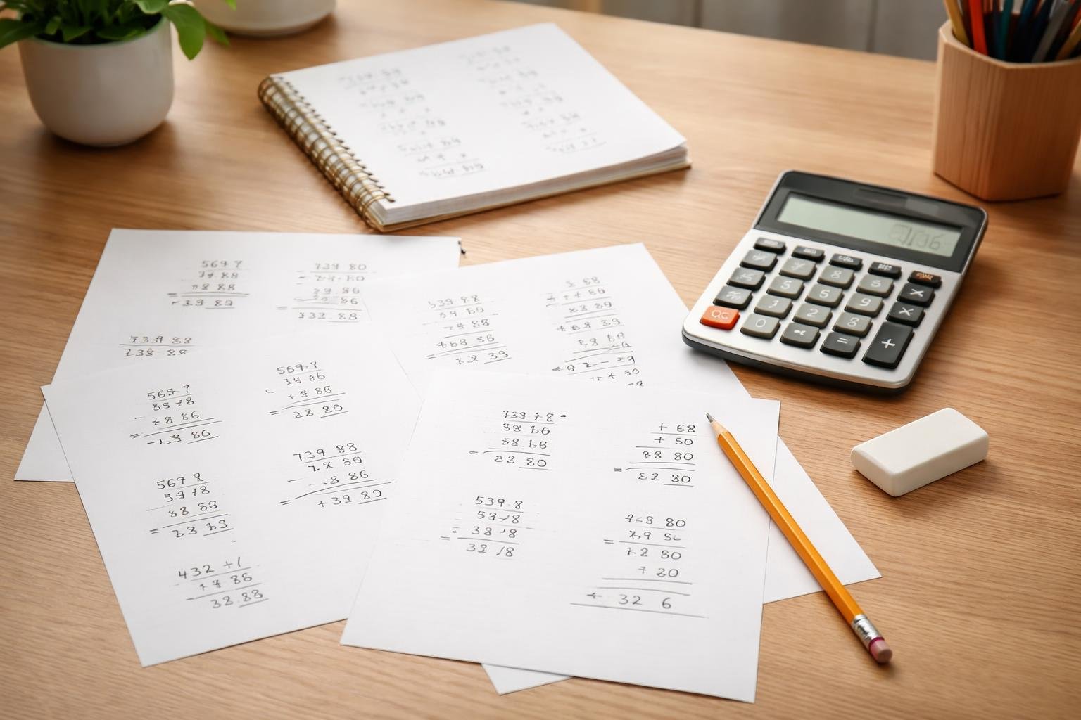 A workspace with papers showing handwritten arithmetic problems, a calculator, pencil, and notebook on a wooden desk.