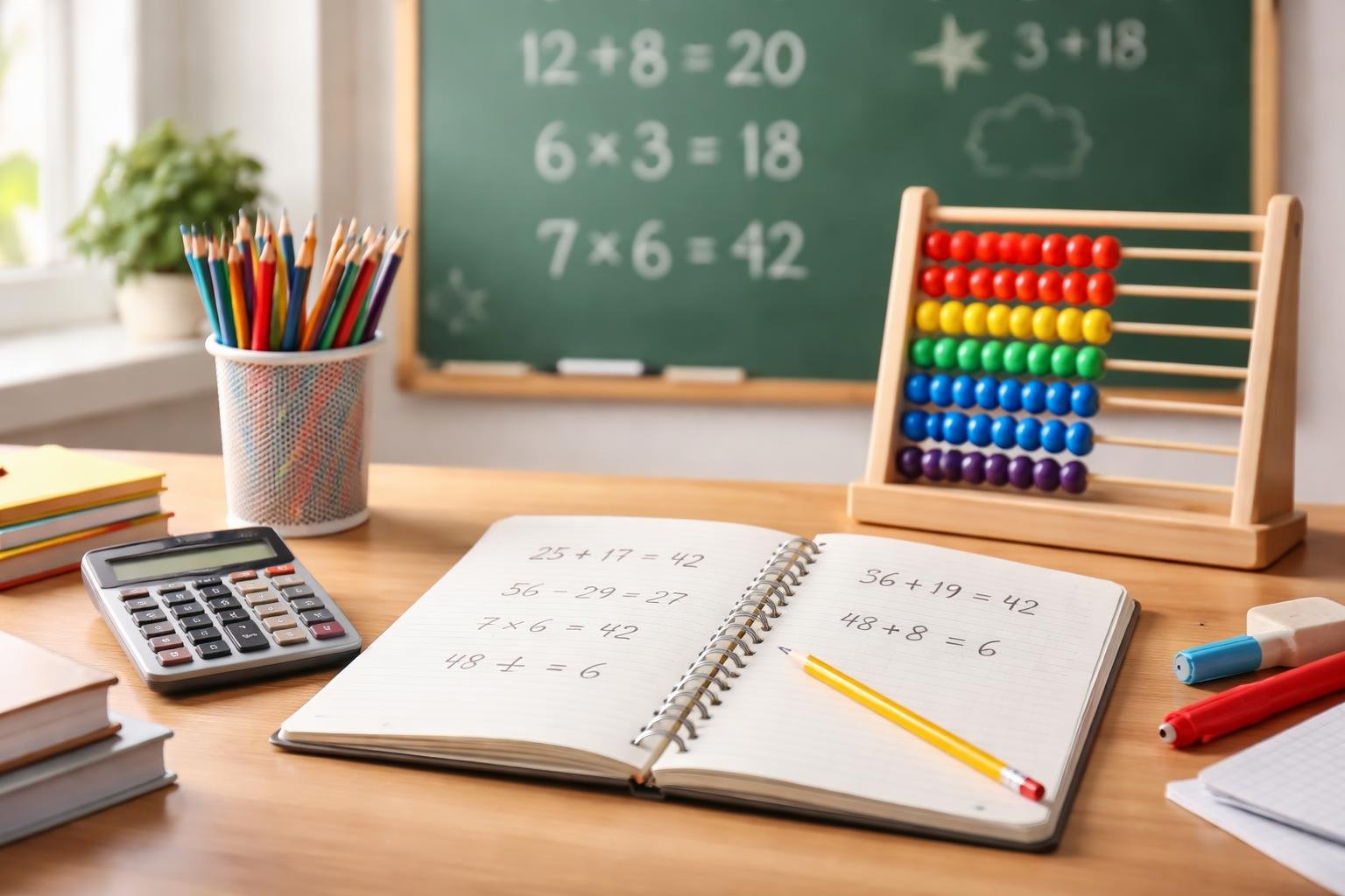 A workspace with math tools and a notebook showing basic arithmetic problems on a desk.