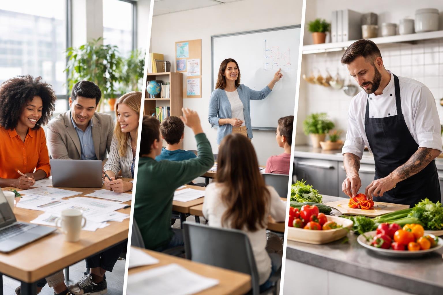 A diverse group of people working together in an office, a teacher instructing students in a classroom, and a chef cooking in a kitchen.