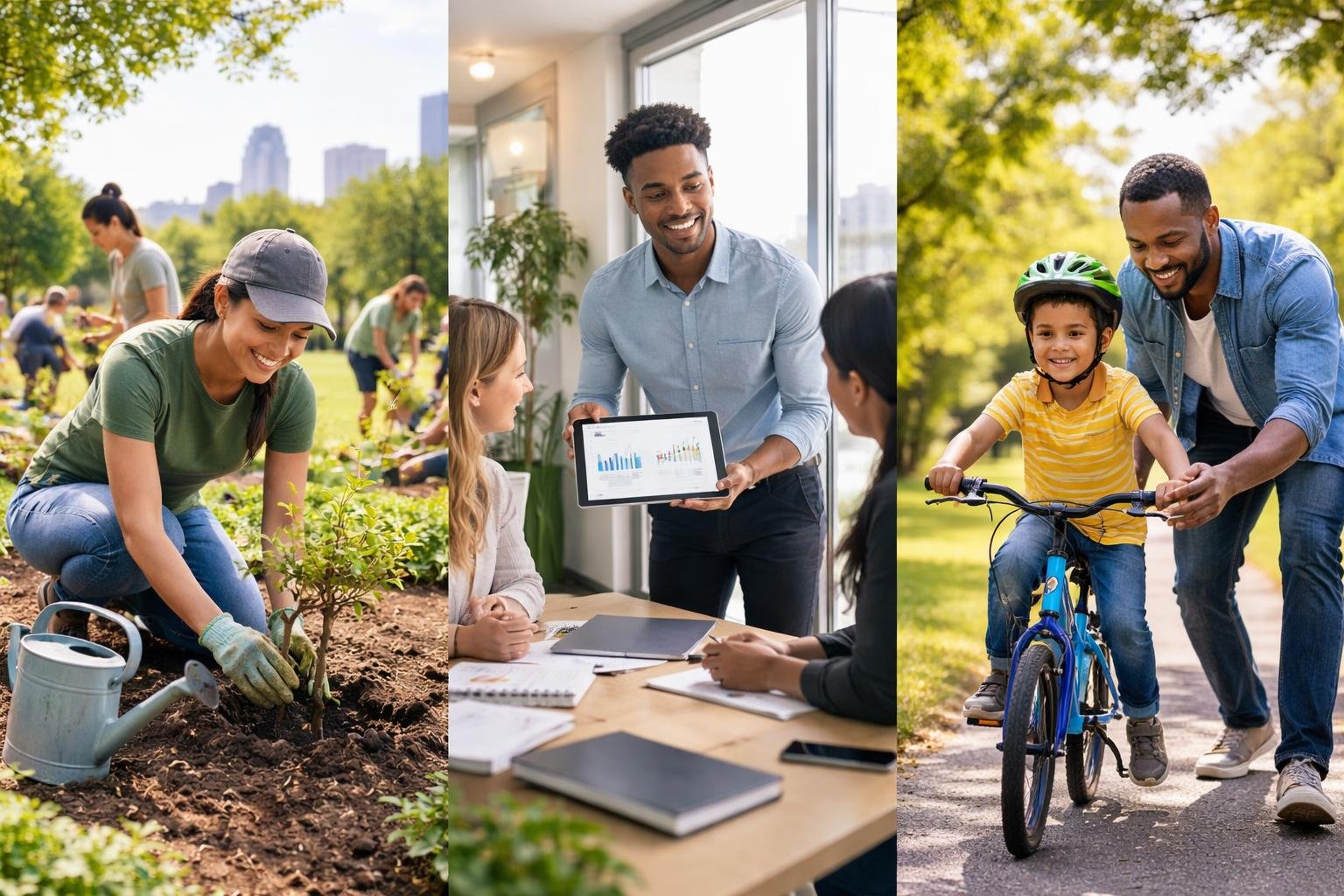 People engaged in planting a tree, discussing work on a tablet, and teaching a child to ride a bike outdoors.