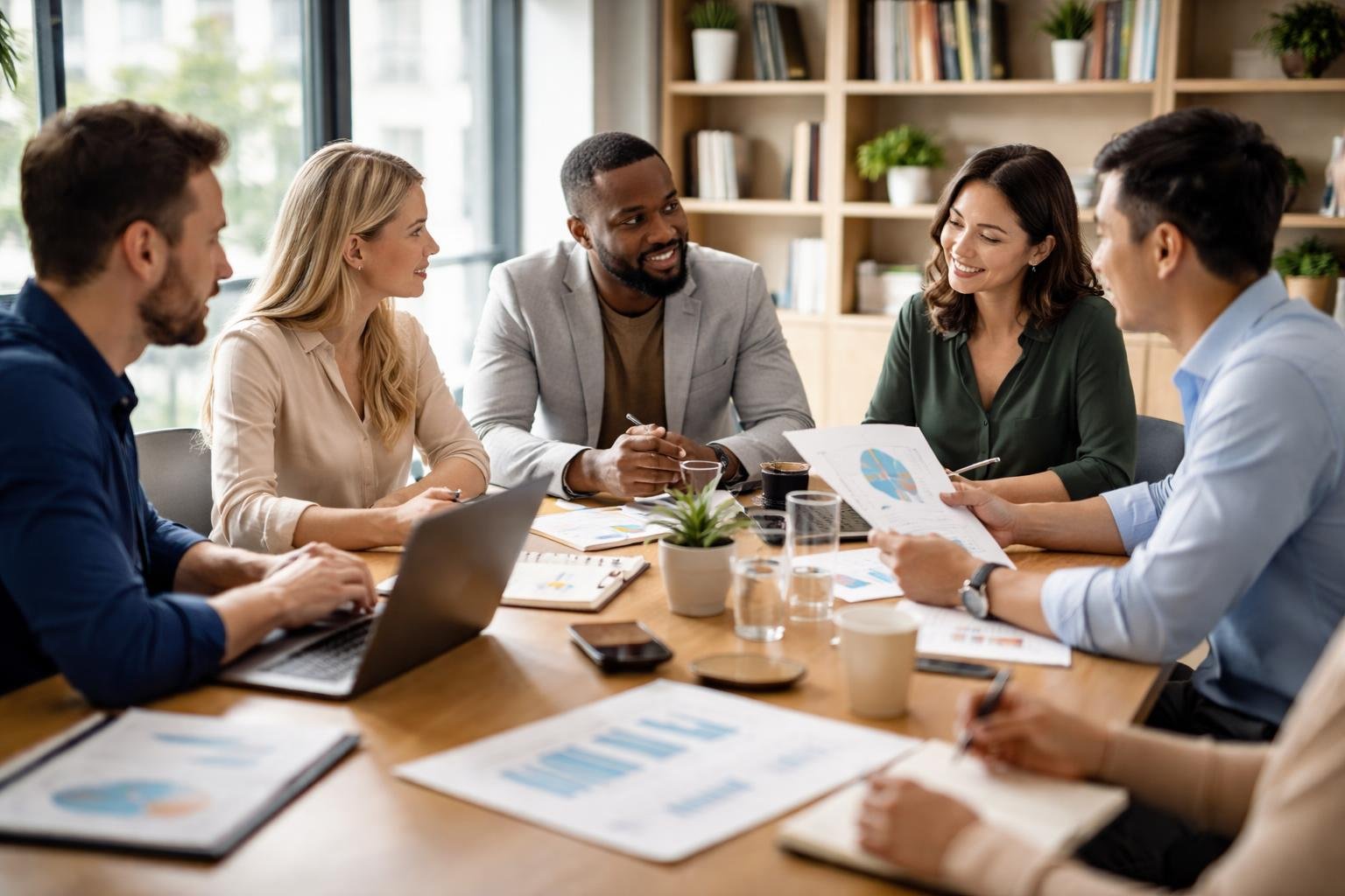 A group of diverse professionals collaborating around a conference table in an office.