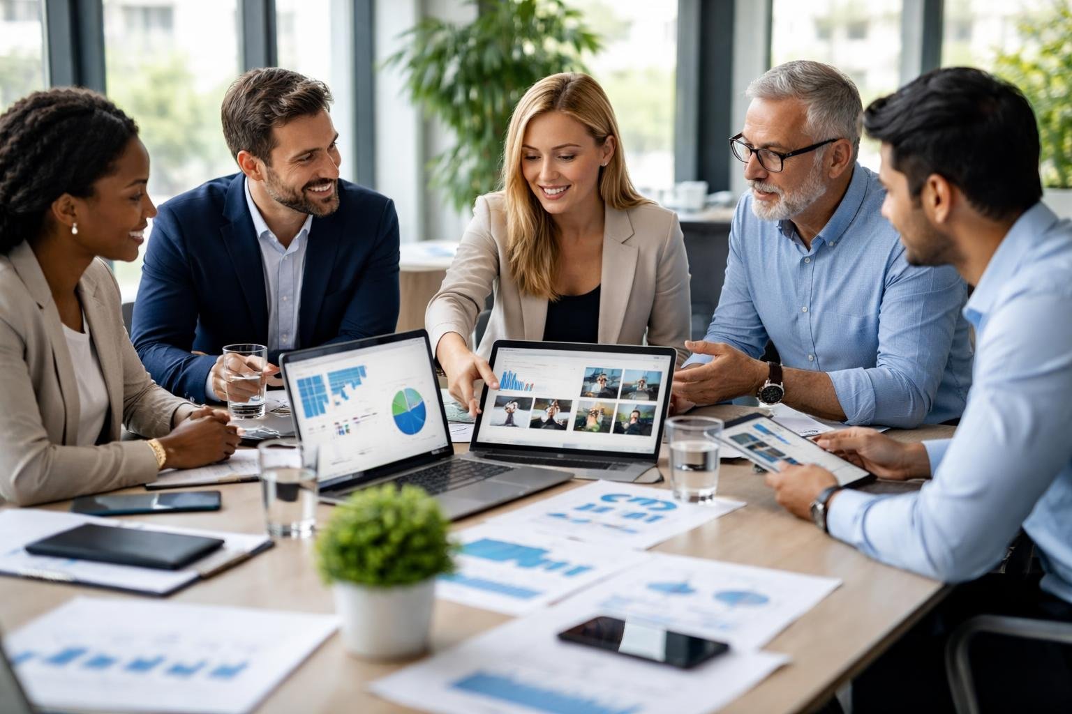A group of business professionals collaborating around a table with laptops and charts in a modern office.
