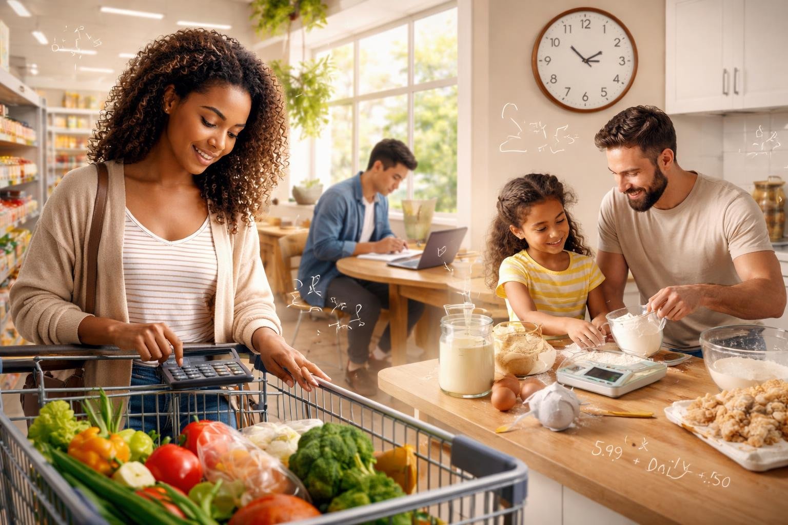 People using math in daily activities like grocery shopping, baking, and studying in a bright, everyday setting.