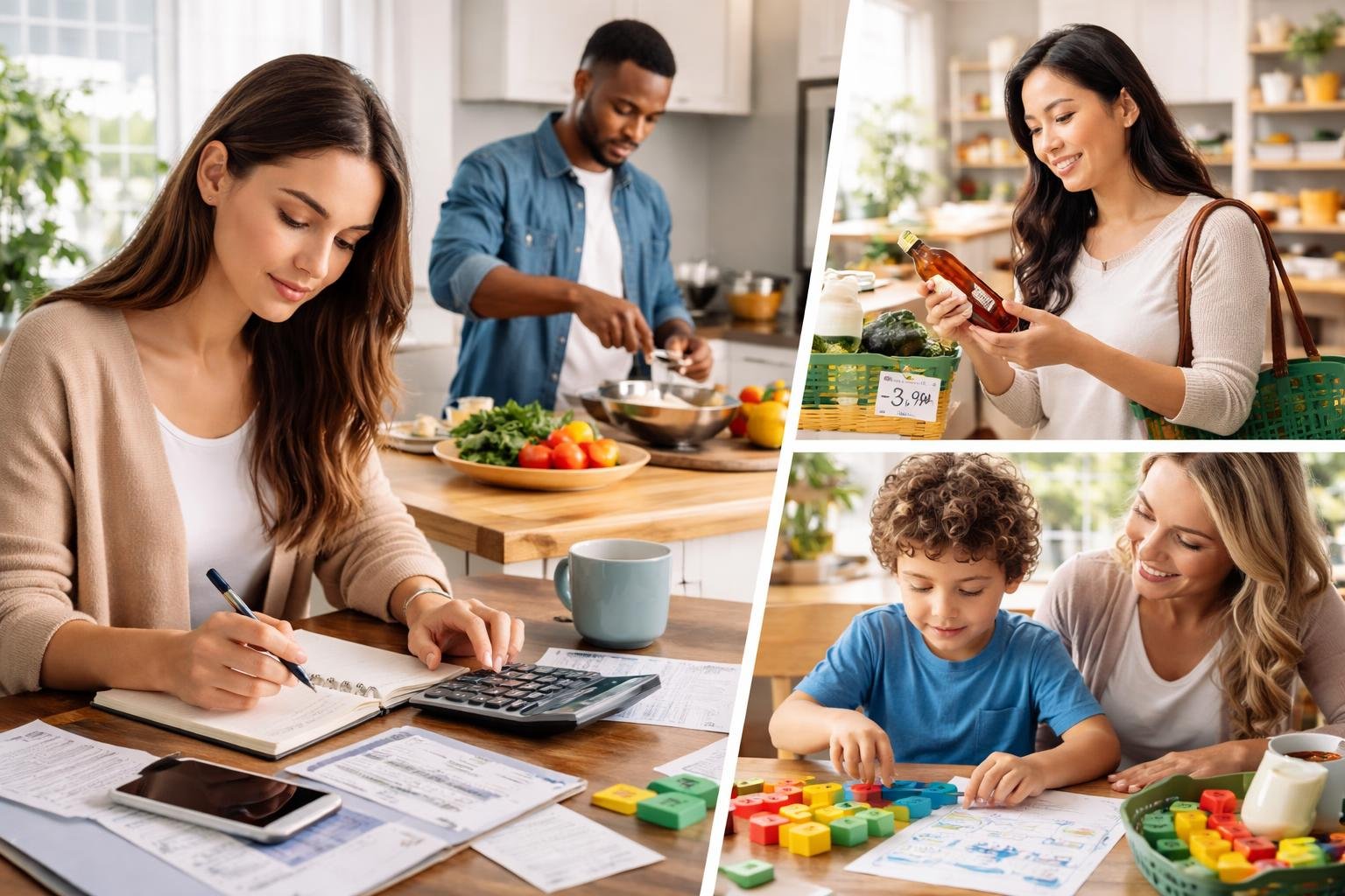 People performing everyday activities involving math, such as calculating expenses, measuring ingredients, learning arithmetic, and shopping in a bright home setting.