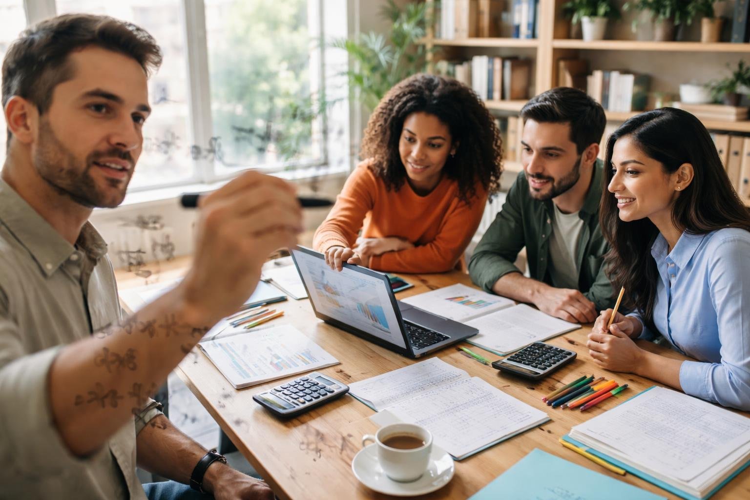 People collaborating on math problems in a bright office with notebooks, calculators, and a glass board with equations.