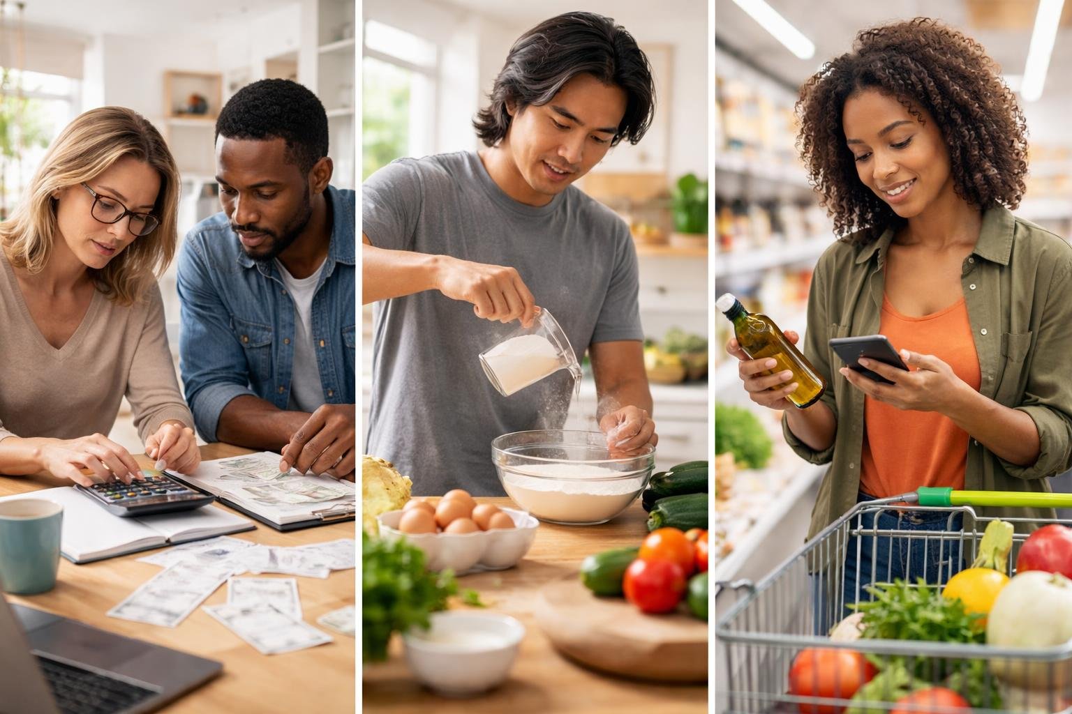People using math skills in daily life, including calculating expenses, measuring ingredients, and comparing prices while shopping.