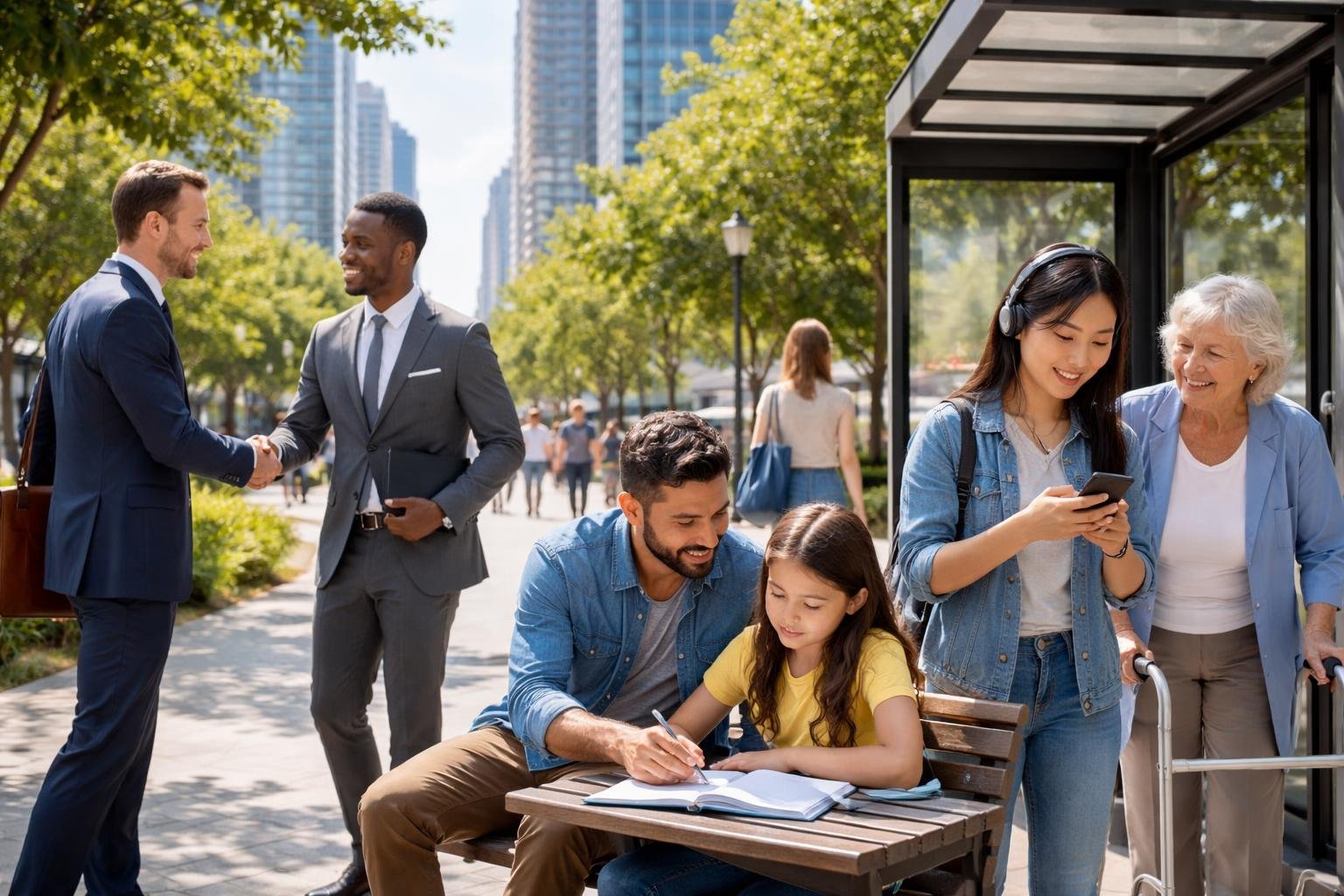 A diverse group of people interacting in everyday real life situations outdoors in a city setting.