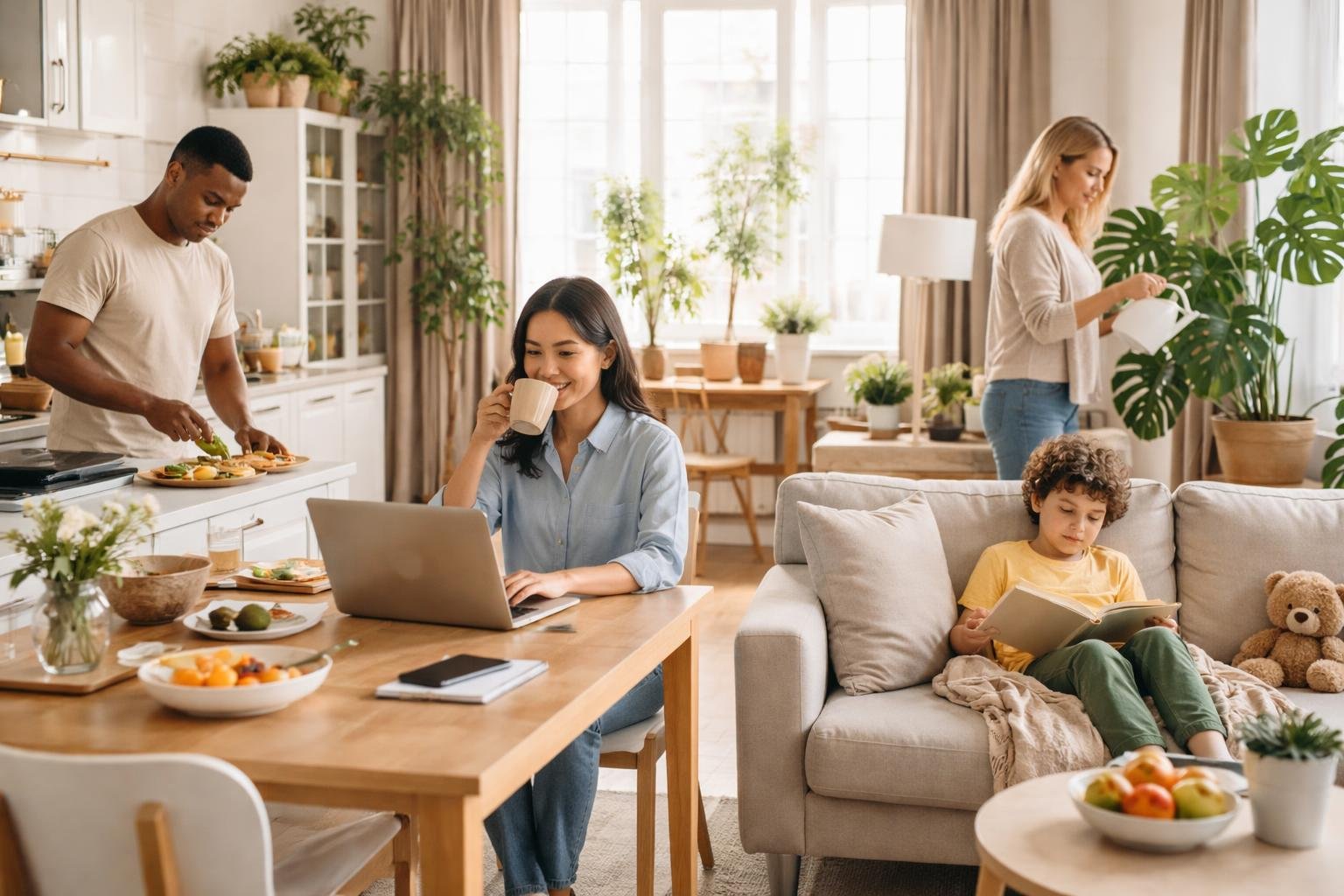 People performing different daily activities indoors, including cooking, working on a laptop, reading, and watering plants.