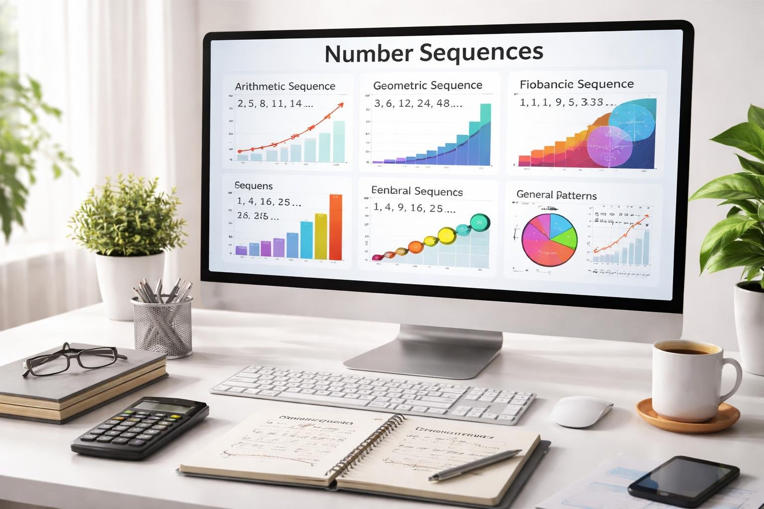 A workspace with a computer screen displaying colorful number sequences and mathematical patterns, surrounded by notebooks and a calculator.