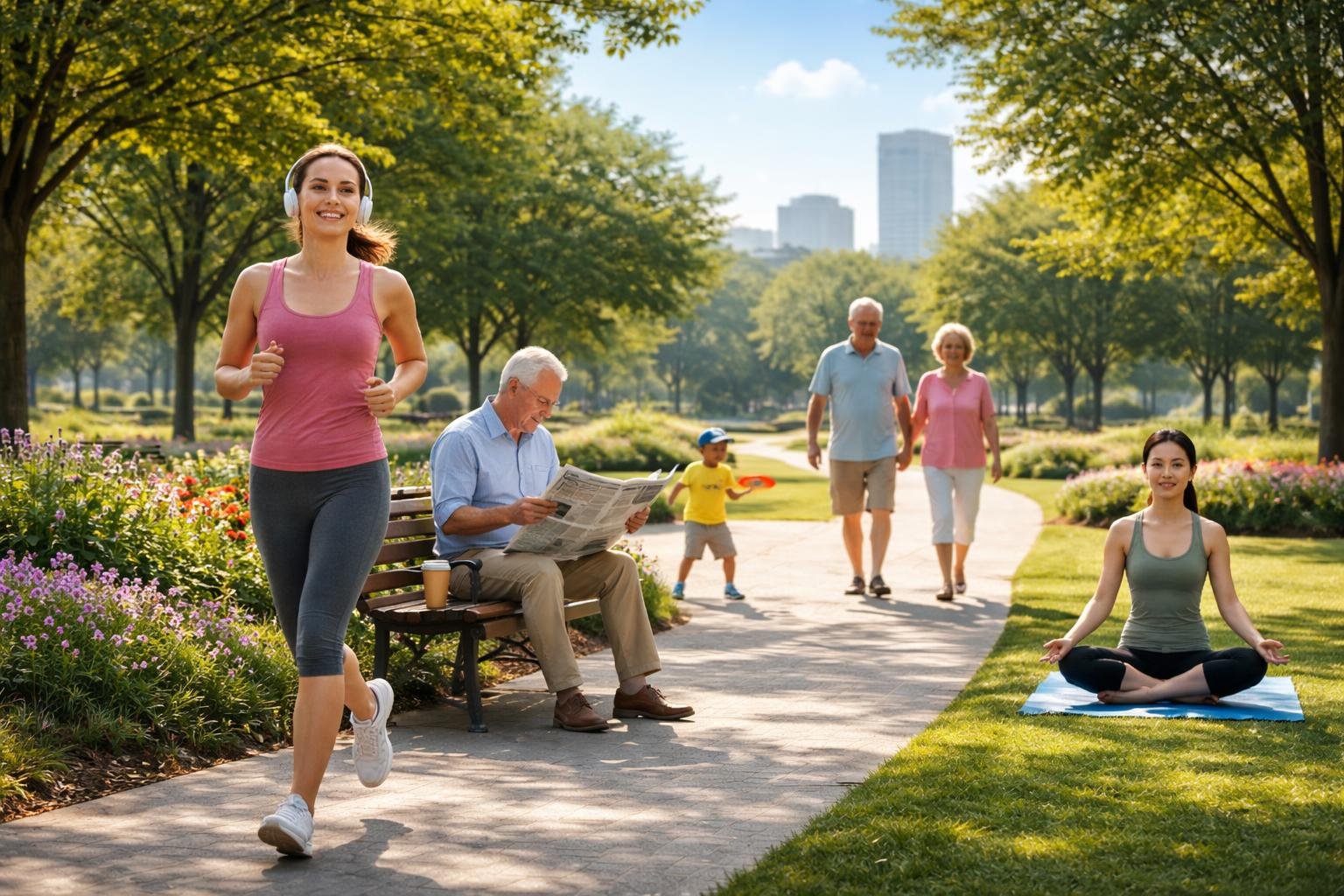 People engaged in different daily activities in a park, including jogging, reading, playing, walking, and practicing yoga.