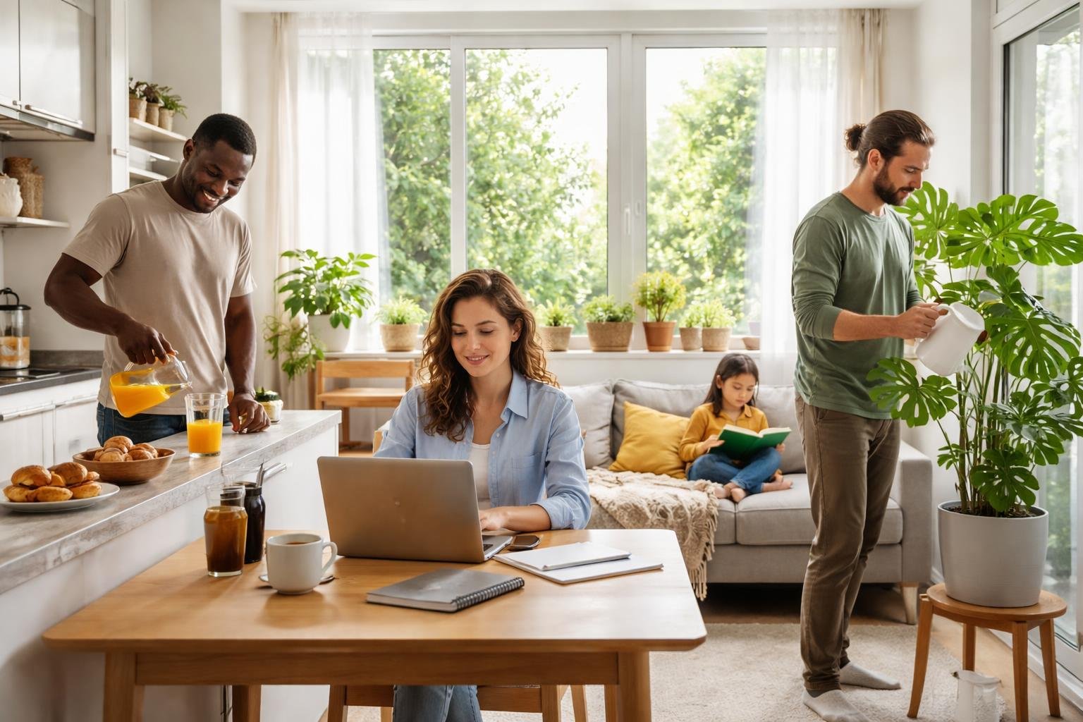 People engaged in various daily activities inside a bright home, including cooking, working on a laptop, reading, and watering plants.