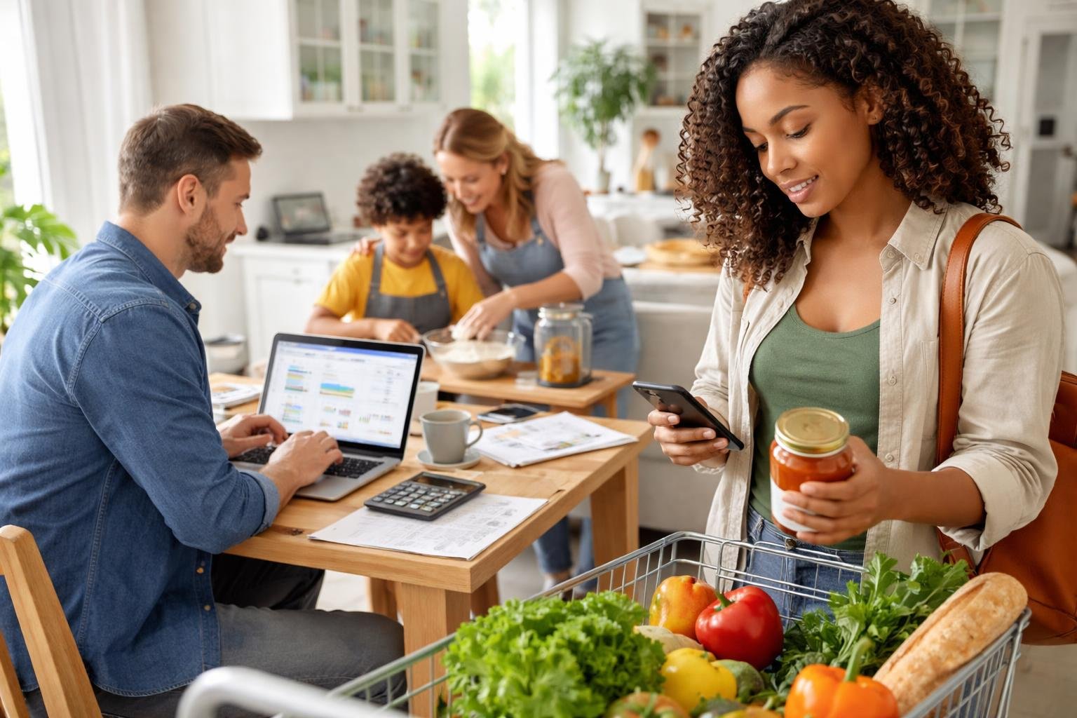 People using math in daily life, including grocery shopping, budgeting on a laptop, measuring ingredients while baking, and using a smartphone calculator.