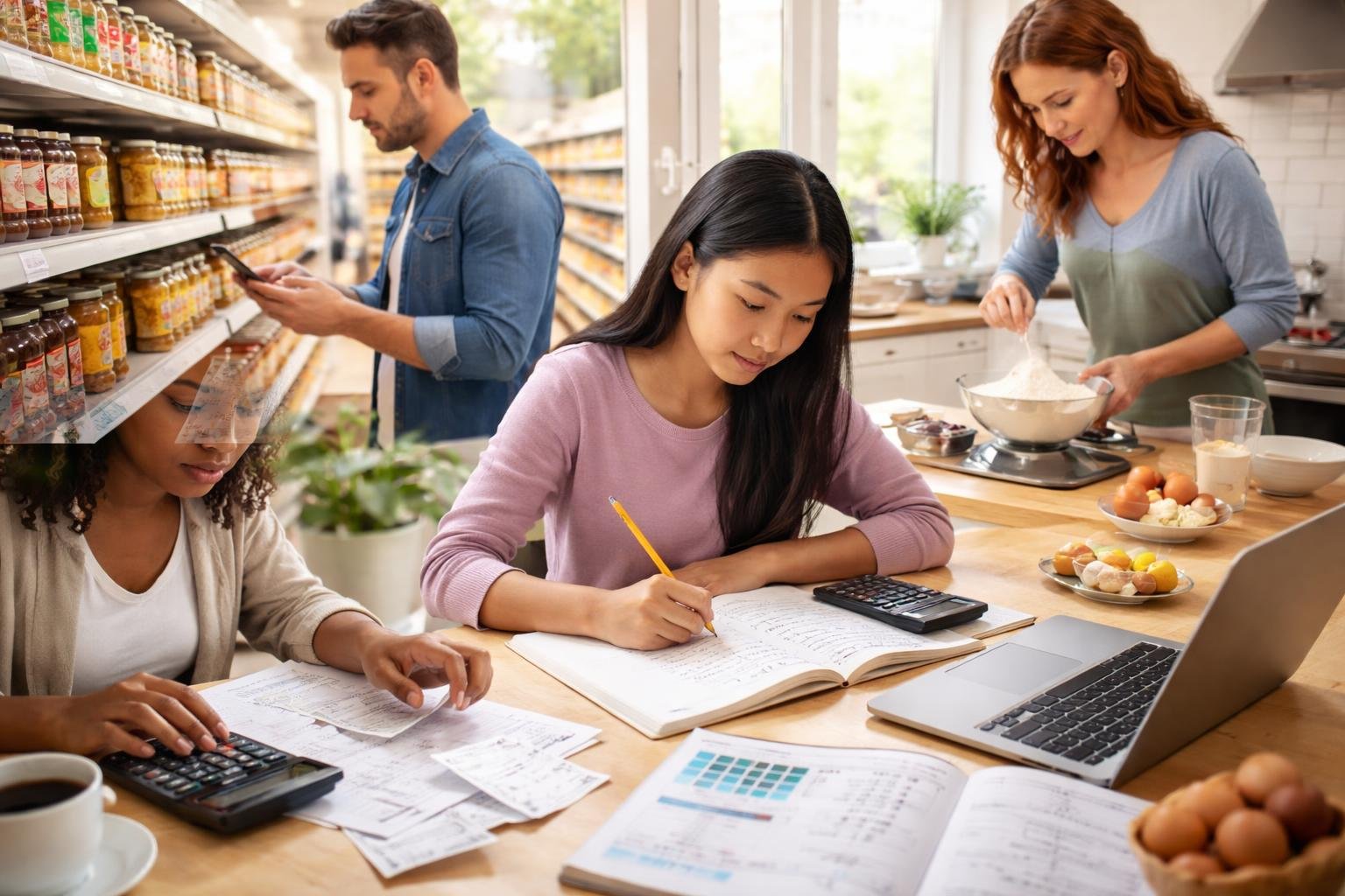 People using math in daily life, including calculating expenses, solving problems, comparing prices, and measuring ingredients.