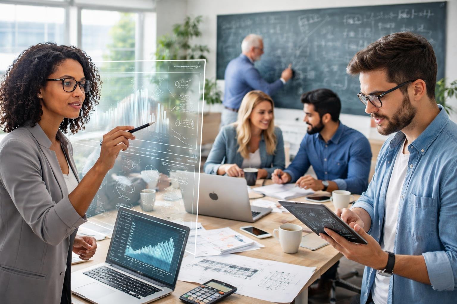 Several mathematicians working together in a modern office, using digital devices and discussing mathematical concepts with charts and formulas visible in the background.