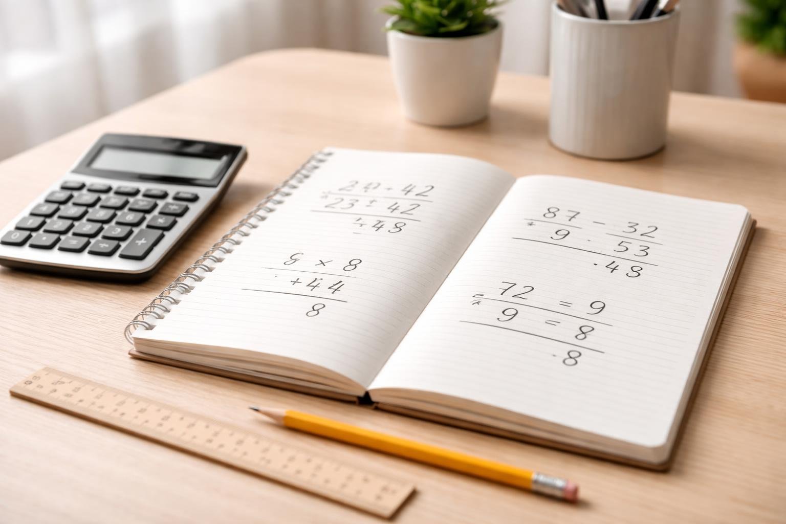 A workspace with an open notebook showing handwritten arithmetic problems and a calculator, pencil, and ruler on a desk.