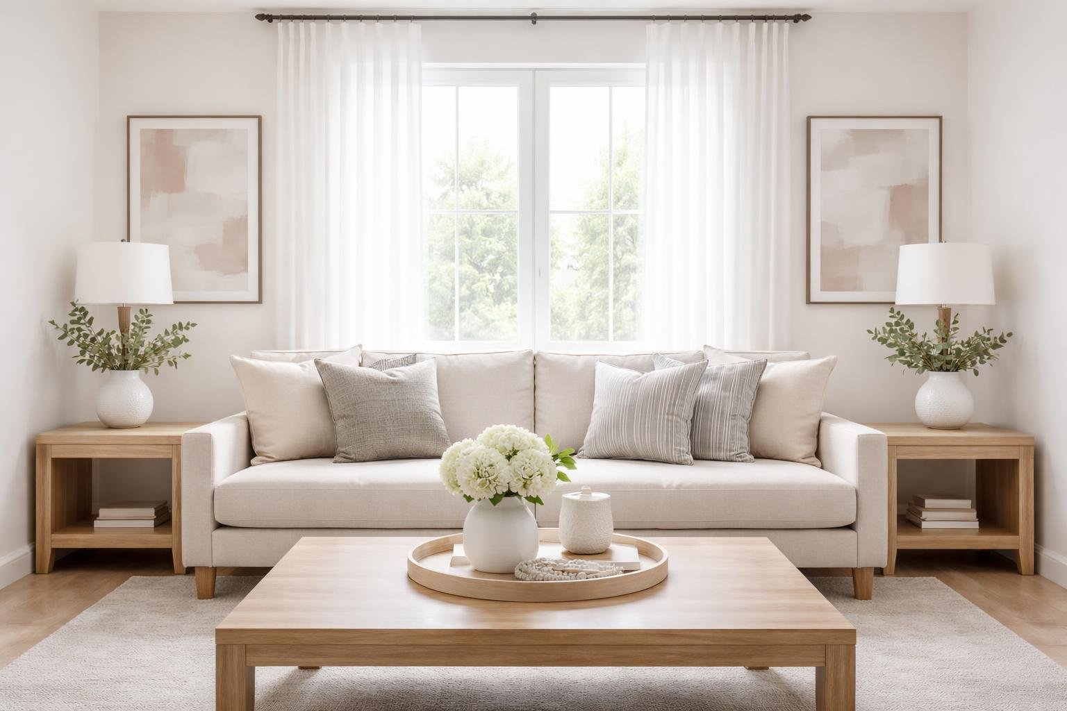 A living room with symmetrical decorative vases, cushions, and wall art arranged around a central coffee table.