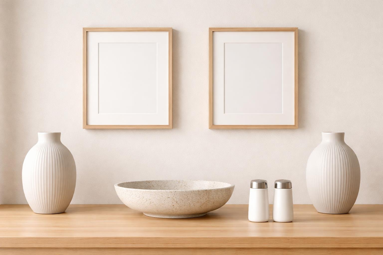 A neatly arranged collection of symmetrical household objects including matching vases, a decorative bowl, salt and pepper shakers, and picture frames on a wooden surface and wall.