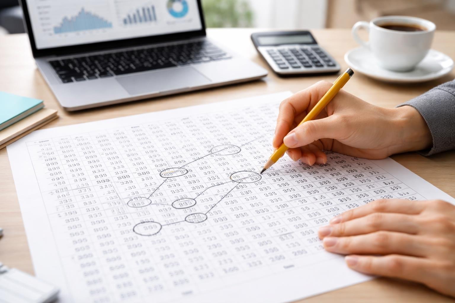 Hands analyzing sheets of paper with numbers and mathematical symbols, highlighting patterns, with a laptop and calculator on a desk.