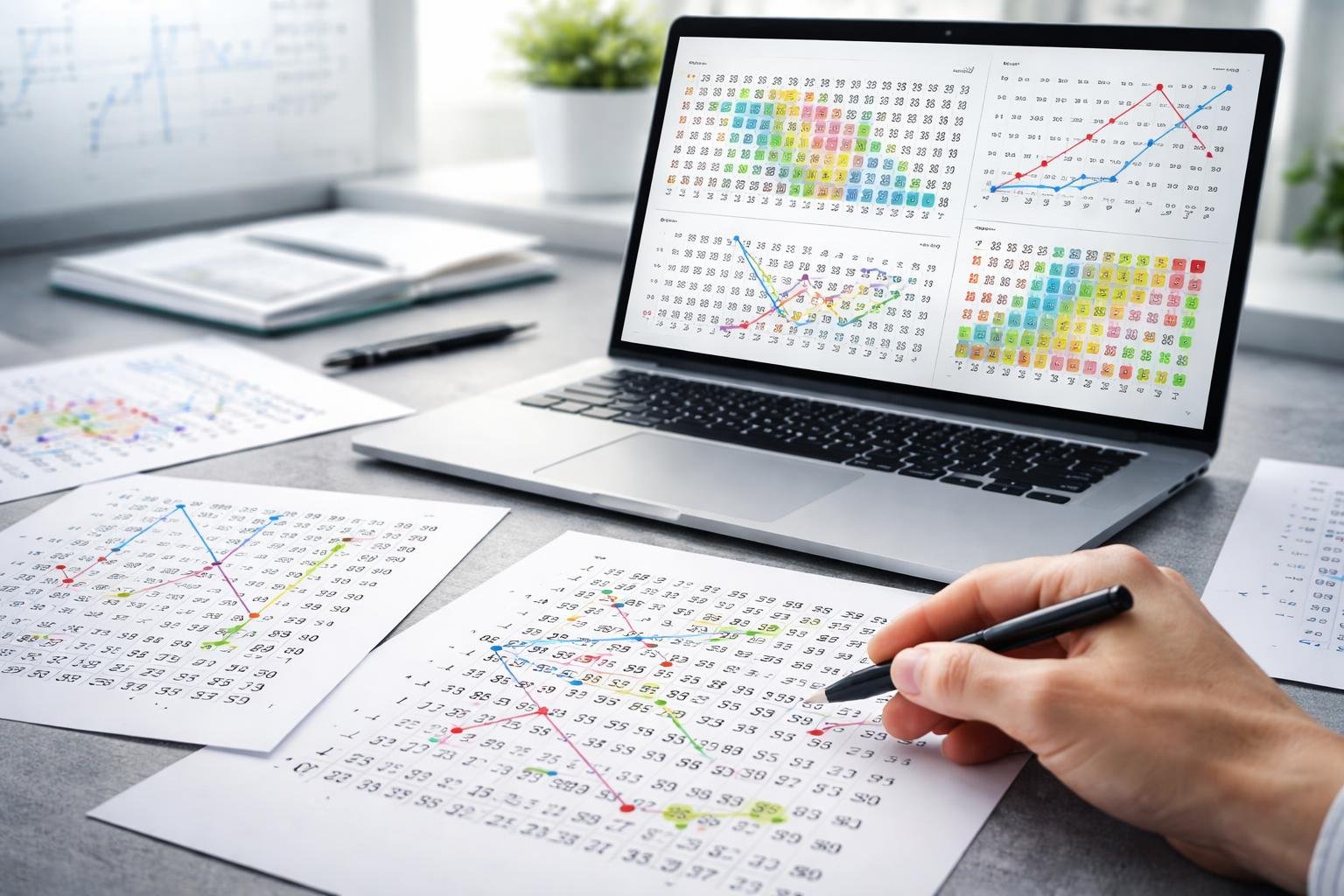 A workspace with a laptop showing numerical data and charts, papers with handwritten number patterns, and a hand pointing at the papers.