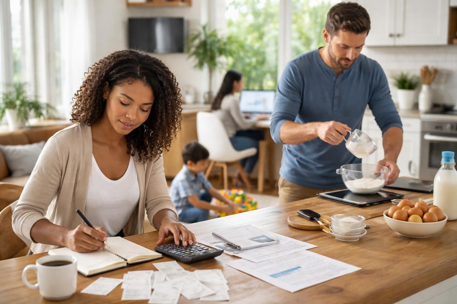 People using math in daily life, including budgeting, cooking measurements, counting blocks, and analyzing data at home.