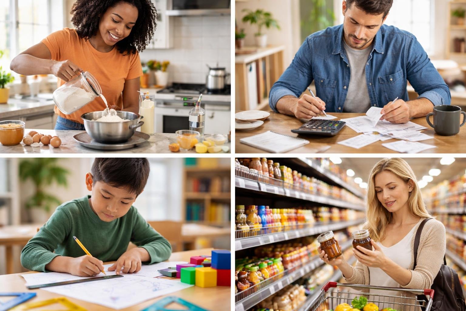 People measuring ingredients, calculating expenses, using rulers for learning, and comparing prices while shopping.