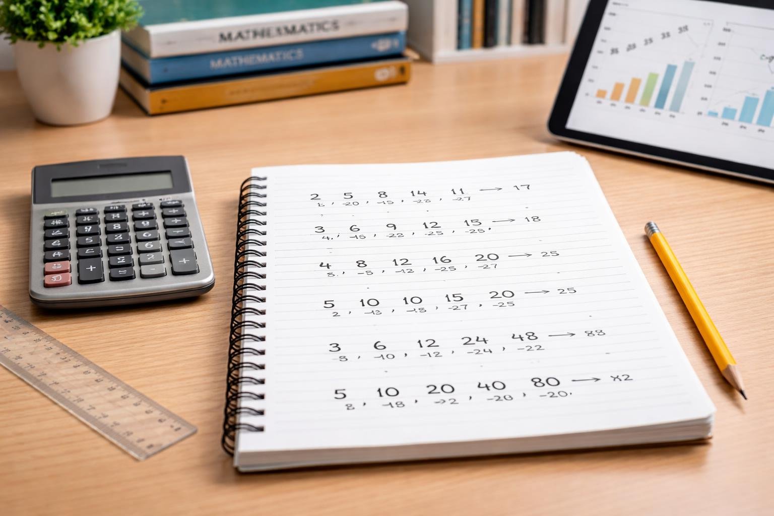 A workspace with a notebook showing number sequences, a calculator, pencil, ruler, and a tablet displaying graphs.