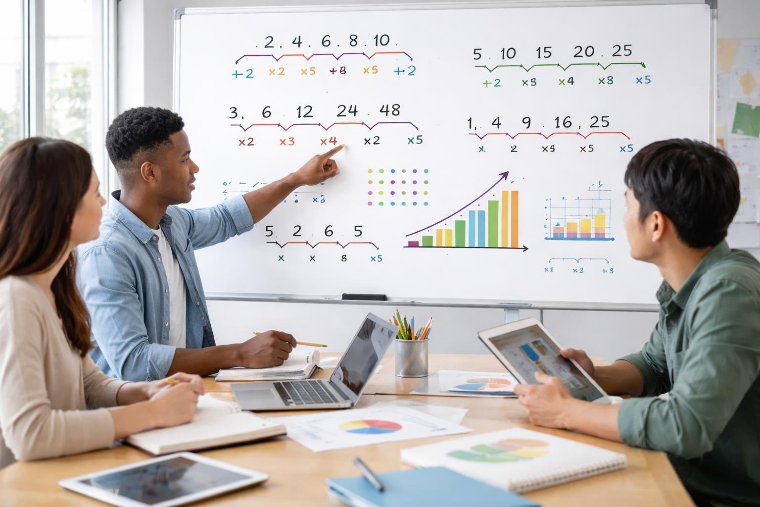 A group of people studying arithmetic number patterns on a whiteboard in a bright classroom setting.