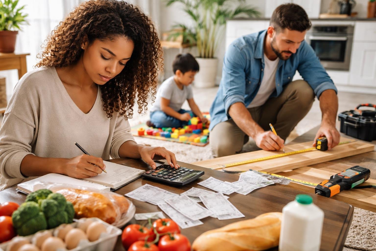 People using math in daily life, including calculating expenses, measuring wood, and arranging building blocks.