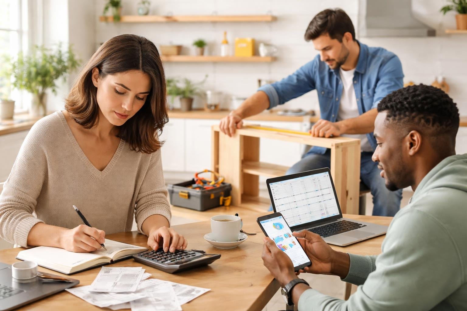 A group of adults using a calculator, tape measure, and smartphone to perform everyday math tasks in a home setting.