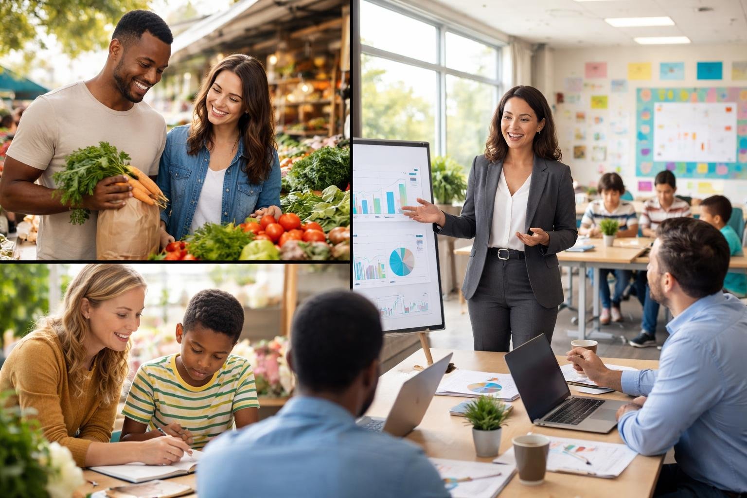 A group of people in different real life situations including a businesswoman presenting in an office, a couple shopping at a farmer's market, and a teacher helping a child with homework in a classroom.