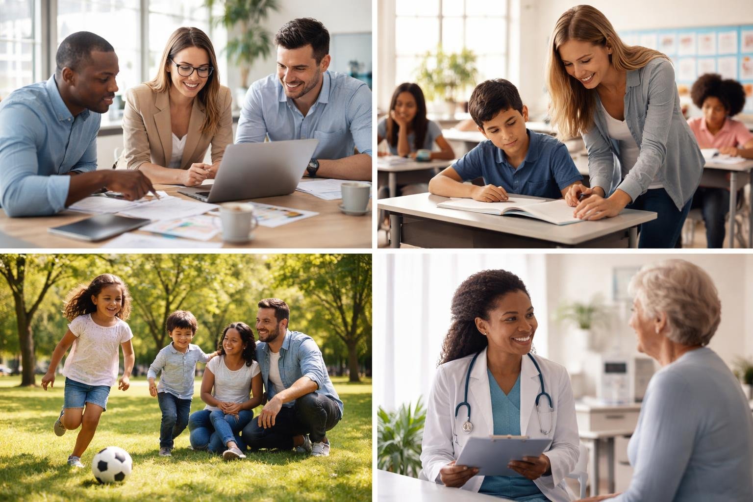 A diverse group of people engaged in everyday activities including a business meeting, classroom teaching, family time in a park, and a healthcare consultation.