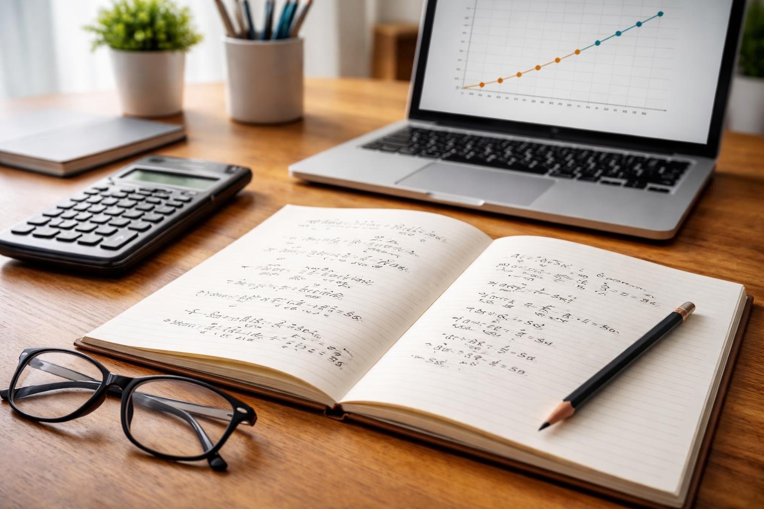A desk with an open notebook showing arithmetic sequences and series calculations, a calculator, pencil, eyeglasses, and a laptop displaying a graph.