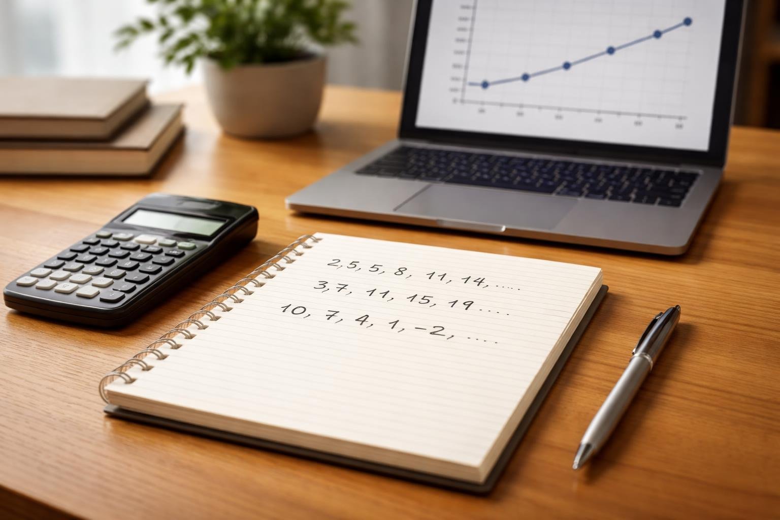 A workspace with an open notebook showing arithmetic sequences, a calculator, a pen, and a laptop displaying a linear graph.