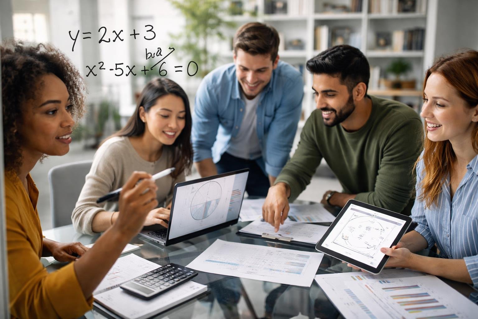 A group of people working together around a table using laptops and writing algebraic formulas on a glass board in a bright office.