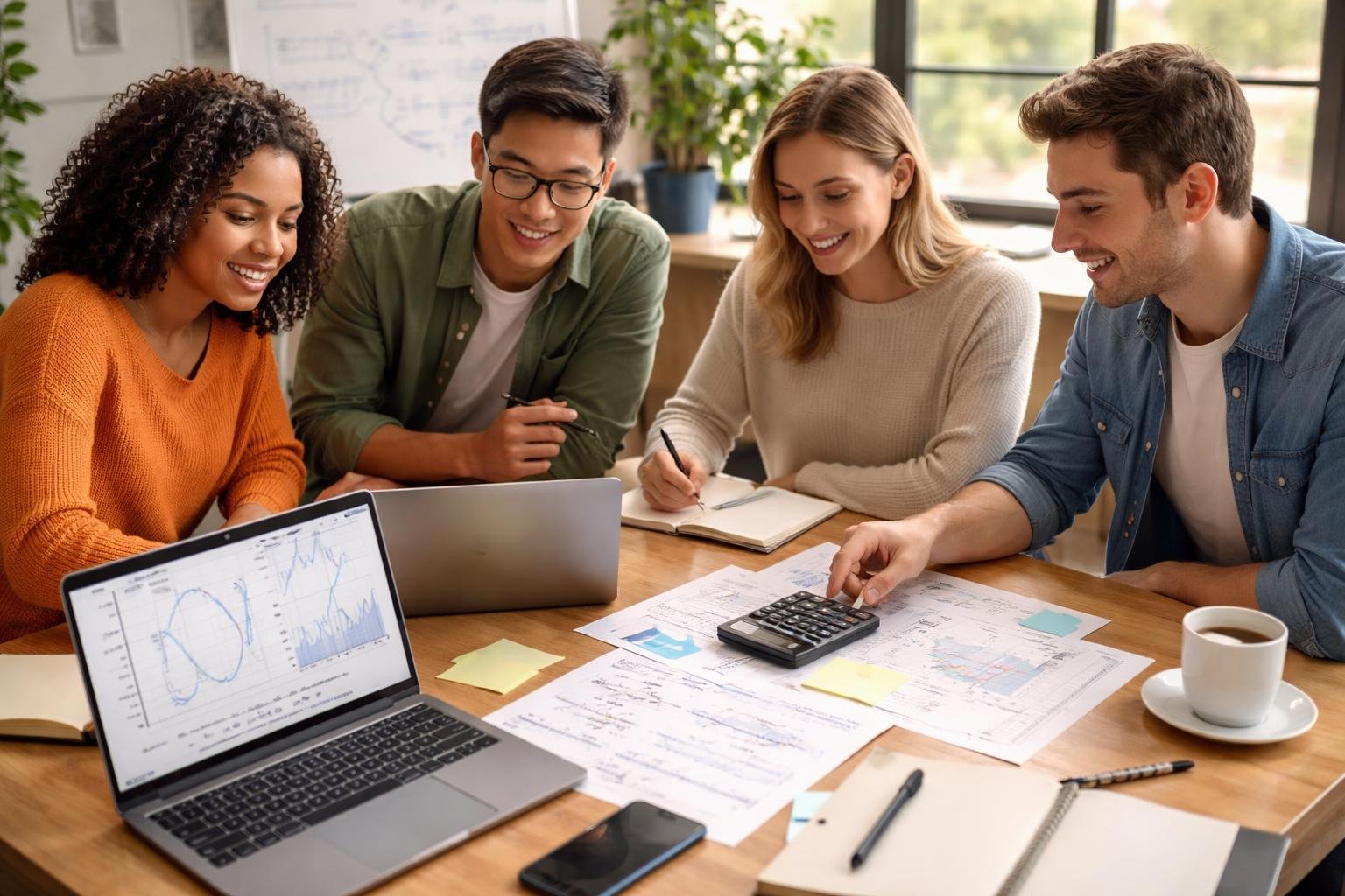 A group of young adults working together at a table with laptops and papers showing algebraic formulas and graphs in a bright office.