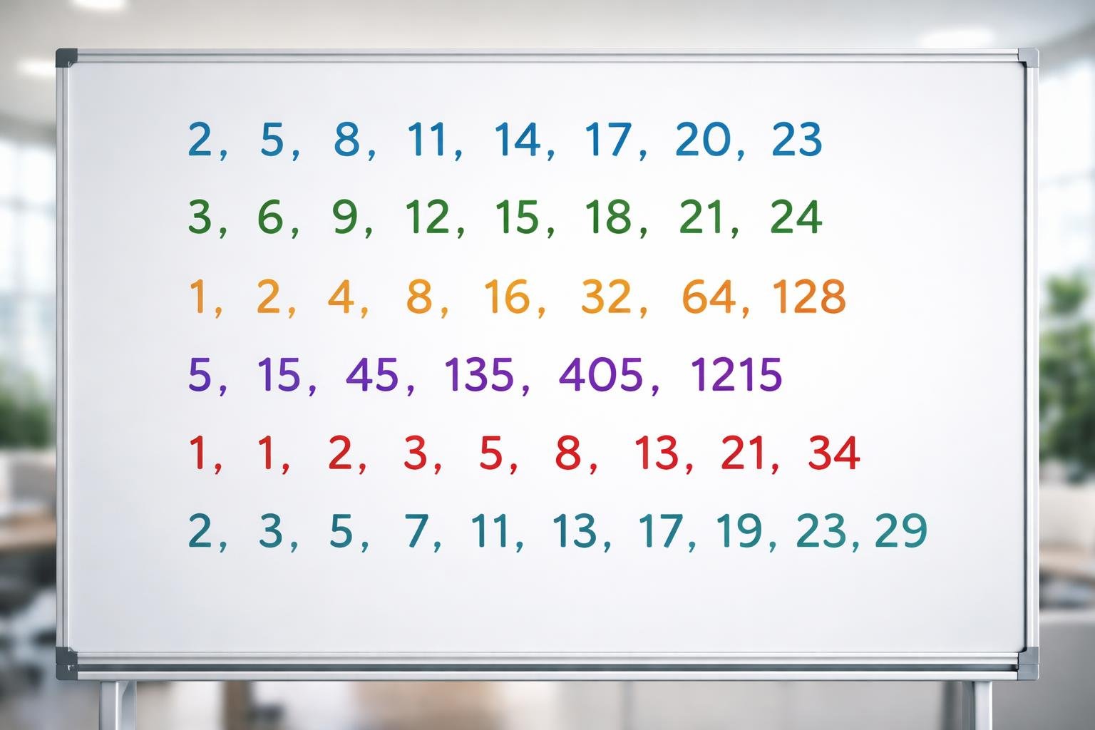A clean whiteboard showing different sequences of numbers arranged in patterns such as arithmetic and geometric progressions.