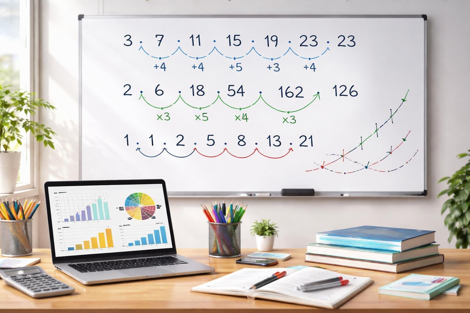 A workspace showing a whiteboard with colorful number sequences and a laptop displaying charts, surrounded by notebooks and pens on a desk.
