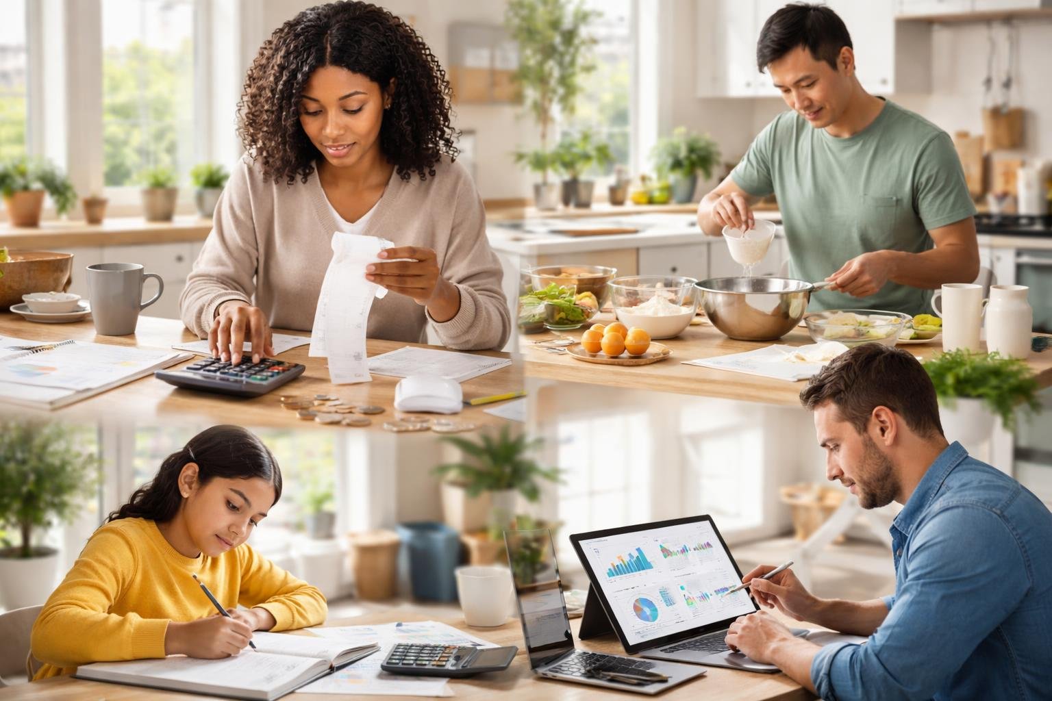 People using math in daily activities like budgeting, cooking, studying, and analyzing data in a bright home setting.