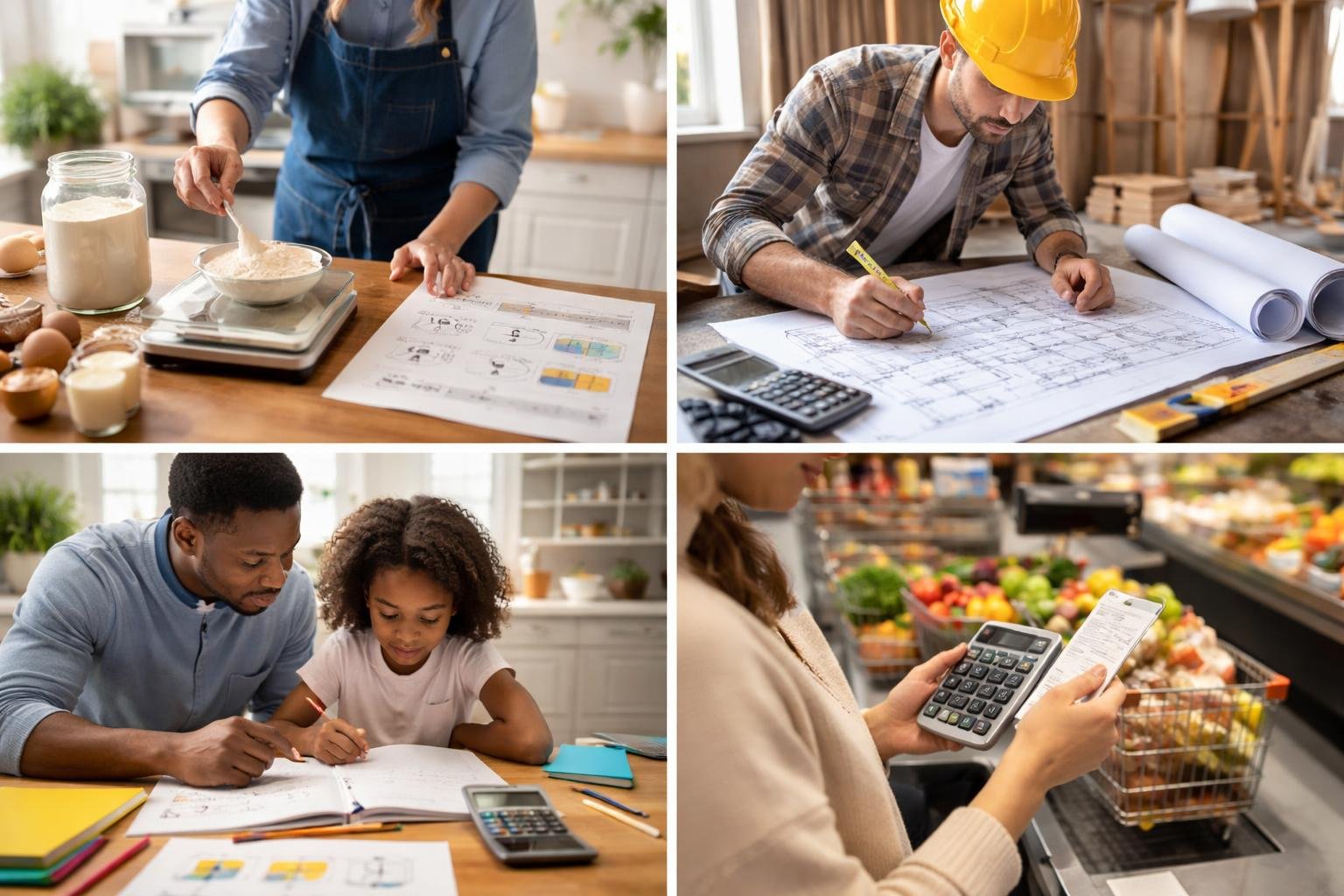 People using math in everyday activities like cooking, construction, homework, and shopping.