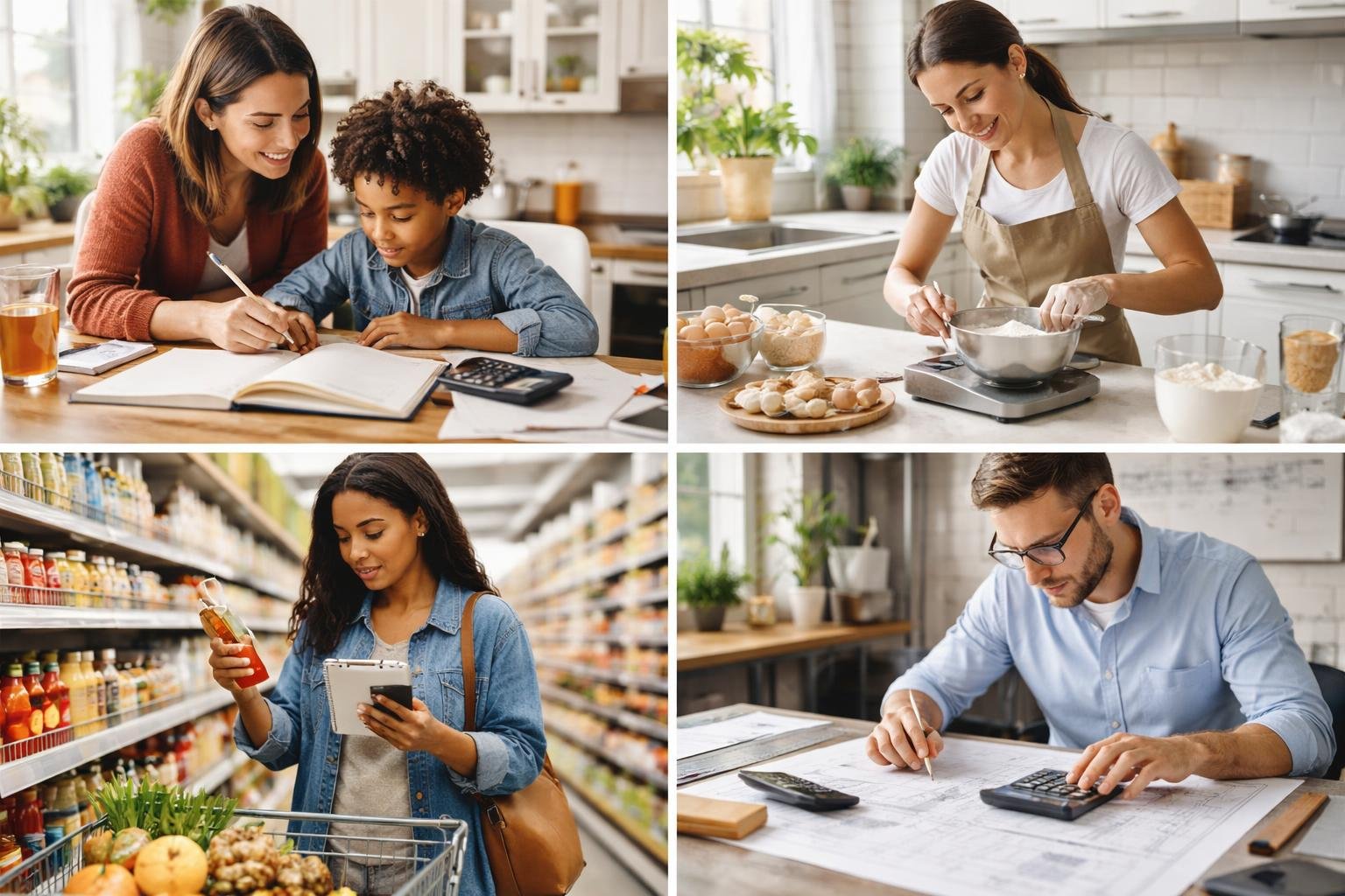 People using math in everyday situations such as helping with homework, measuring ingredients, shopping, and reviewing blueprints.