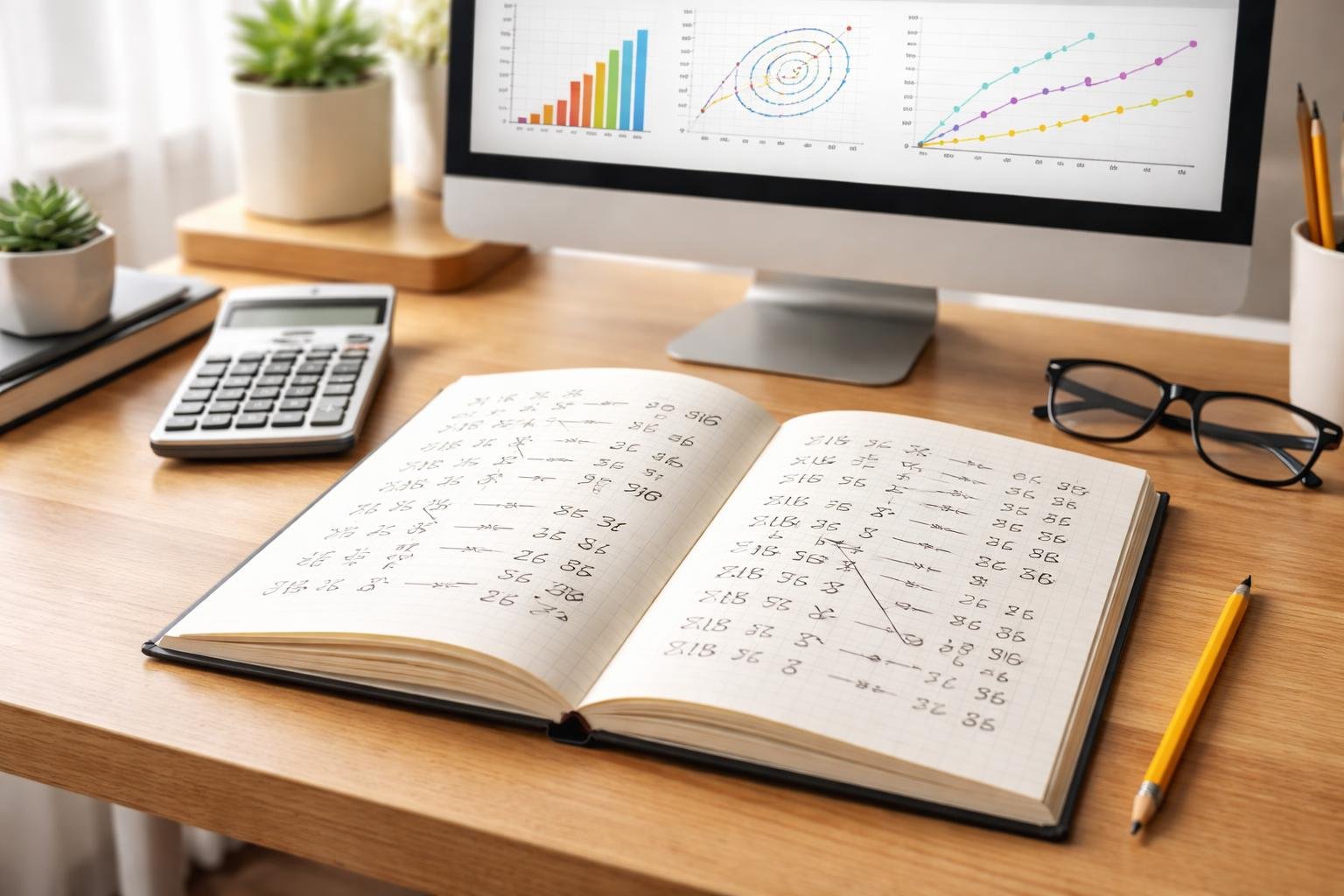 A workspace with an open notebook showing number sequences, a calculator, pencil, glasses, and a computer monitor displaying graphs.