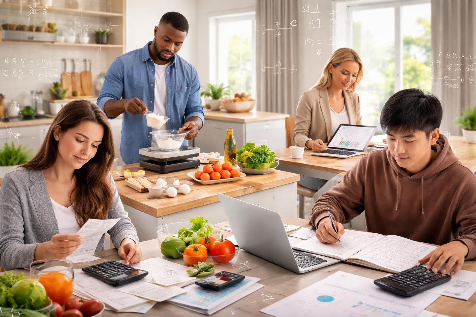 People performing everyday tasks involving math, such as calculating bills, measuring ingredients, solving problems, and analyzing charts in a bright home setting.
