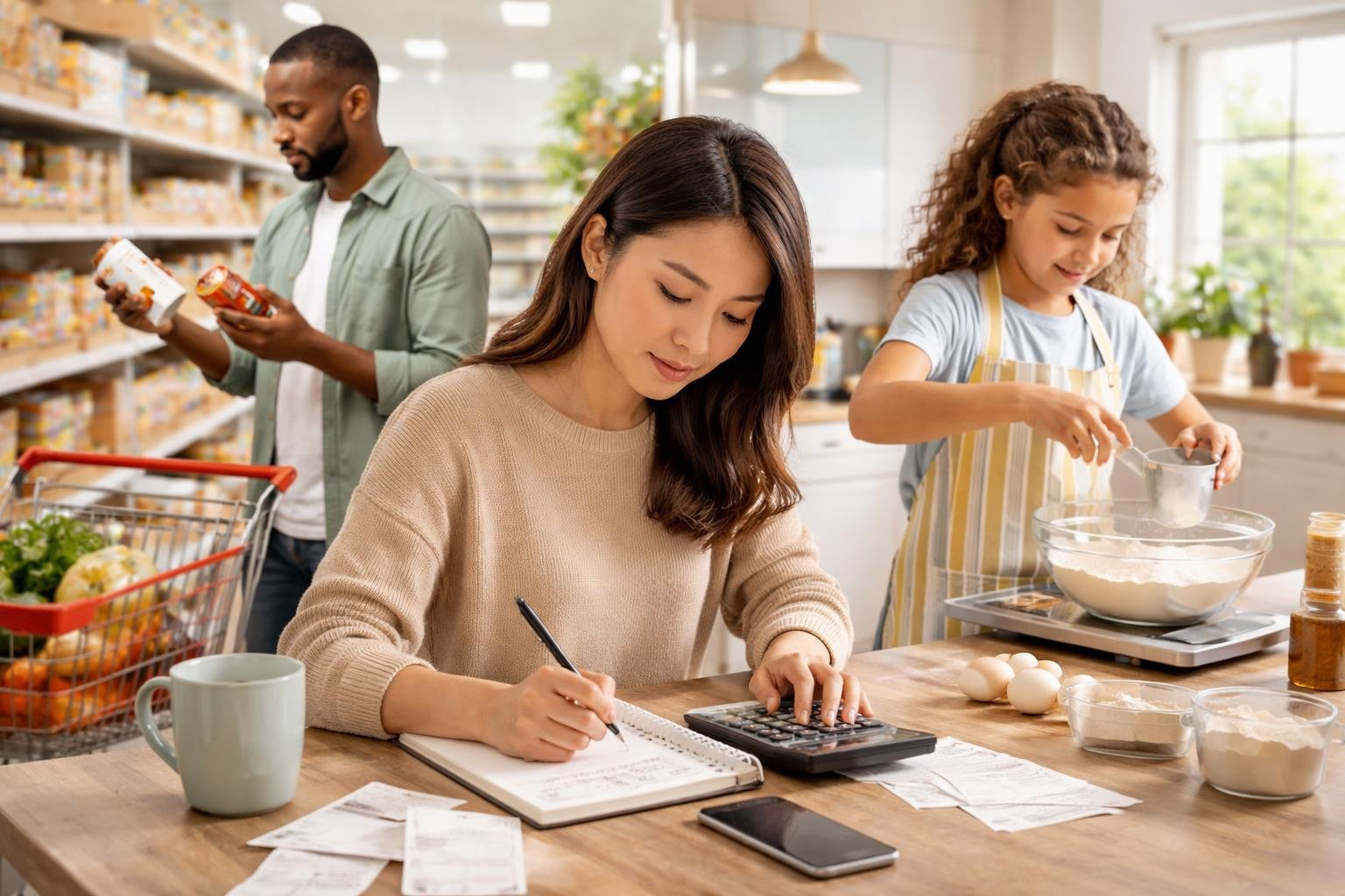 People using math in daily life, including calculating expenses, comparing prices, and measuring ingredients while baking.