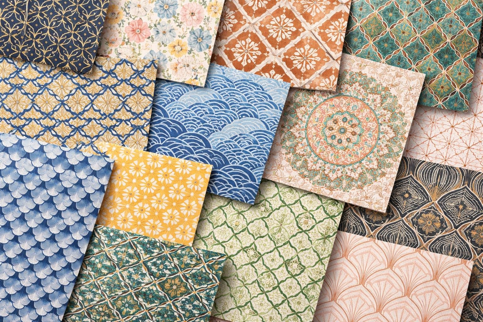 A collection of different colorful patterns displayed on separate tiles against a plain background.
