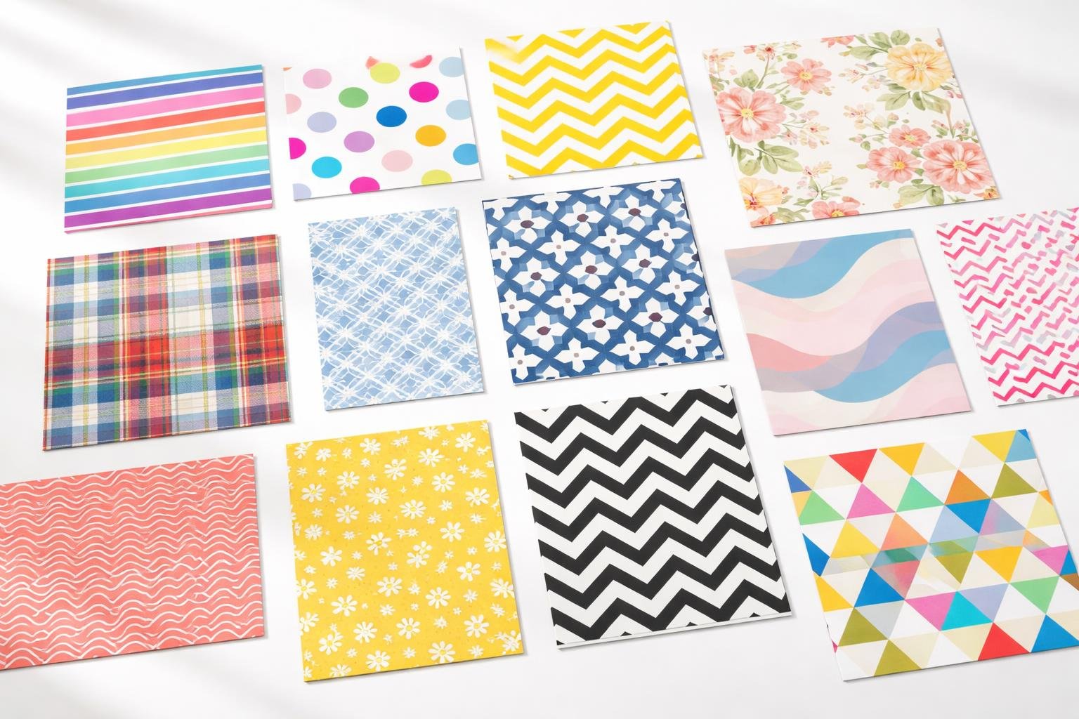 A collection of different pattern samples including stripes, polka dots, chevrons, plaid, floral, and geometric shapes arranged neatly on a clean surface.