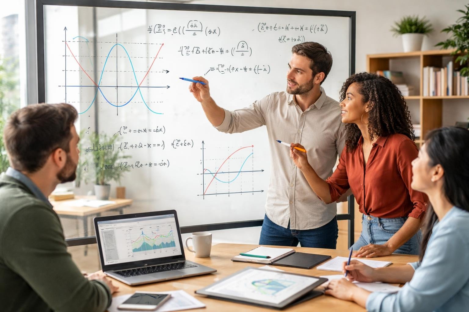 A group of adults working together on algebra problems using a whiteboard, laptop, and tablet in an office.