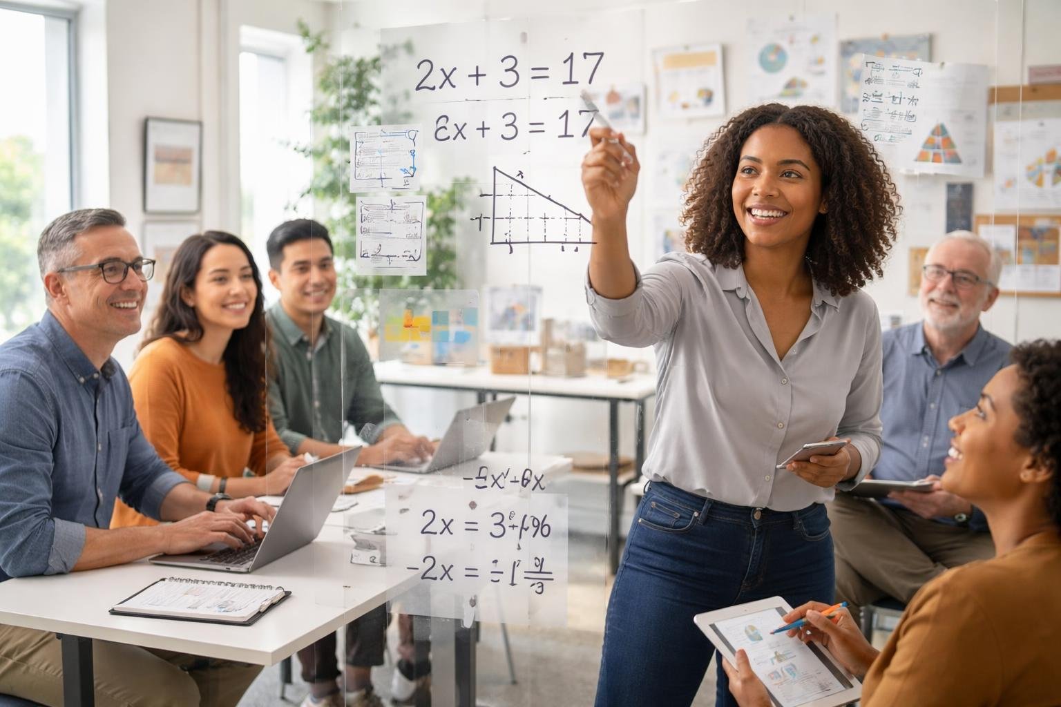 A group of adults collaborating in a modern room, working together on algebra problems with equations on a glass board and using laptops and notes.